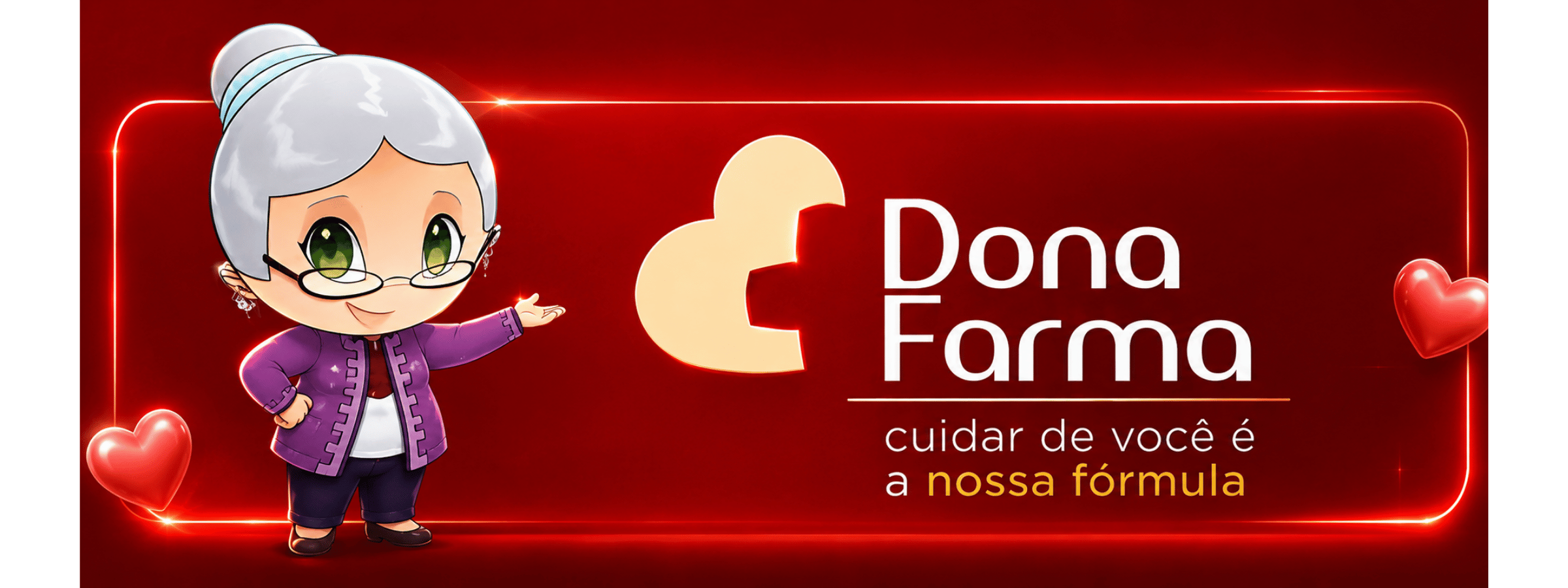 Bonequinha da Dona Farma apontando para a logo da farmácia em Santa Cruz, Rio de Janeiro.